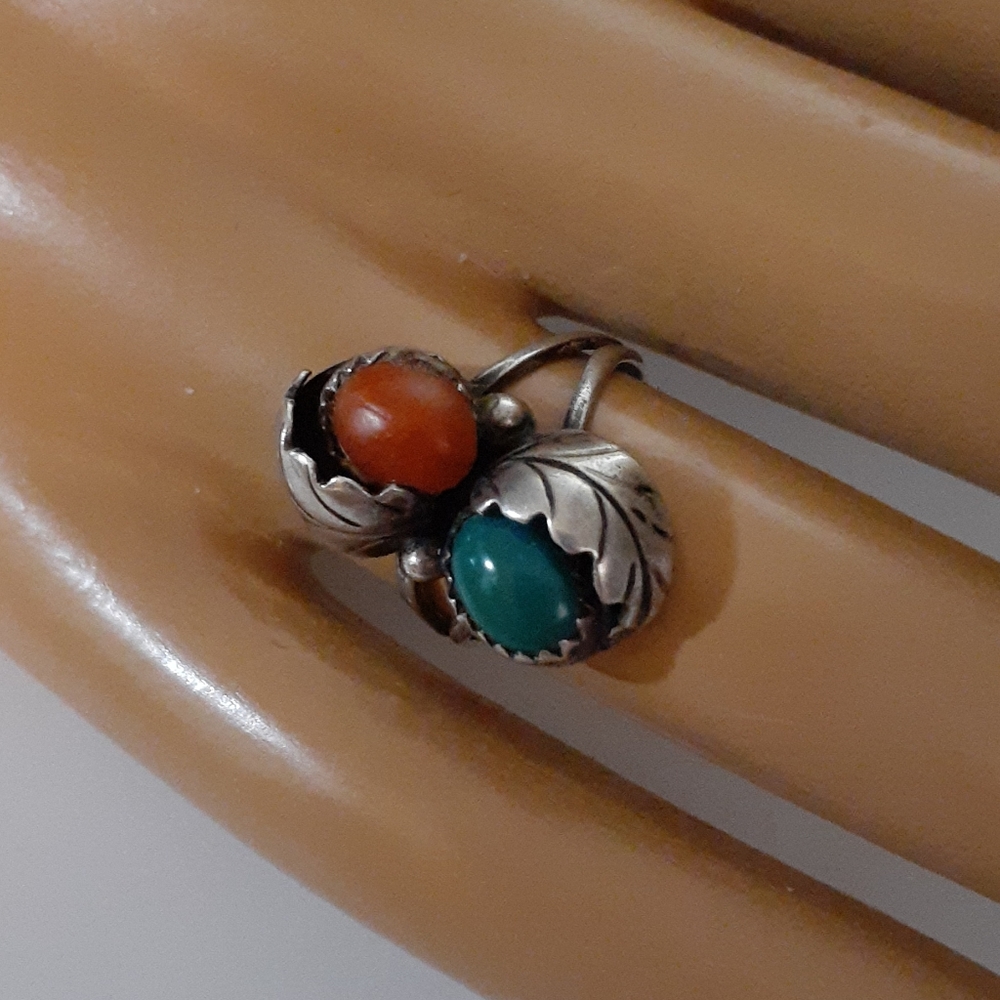 SOLD VTG 🧡 REAL Coral & Malachite Sterling Ring - Picture 10 of 11